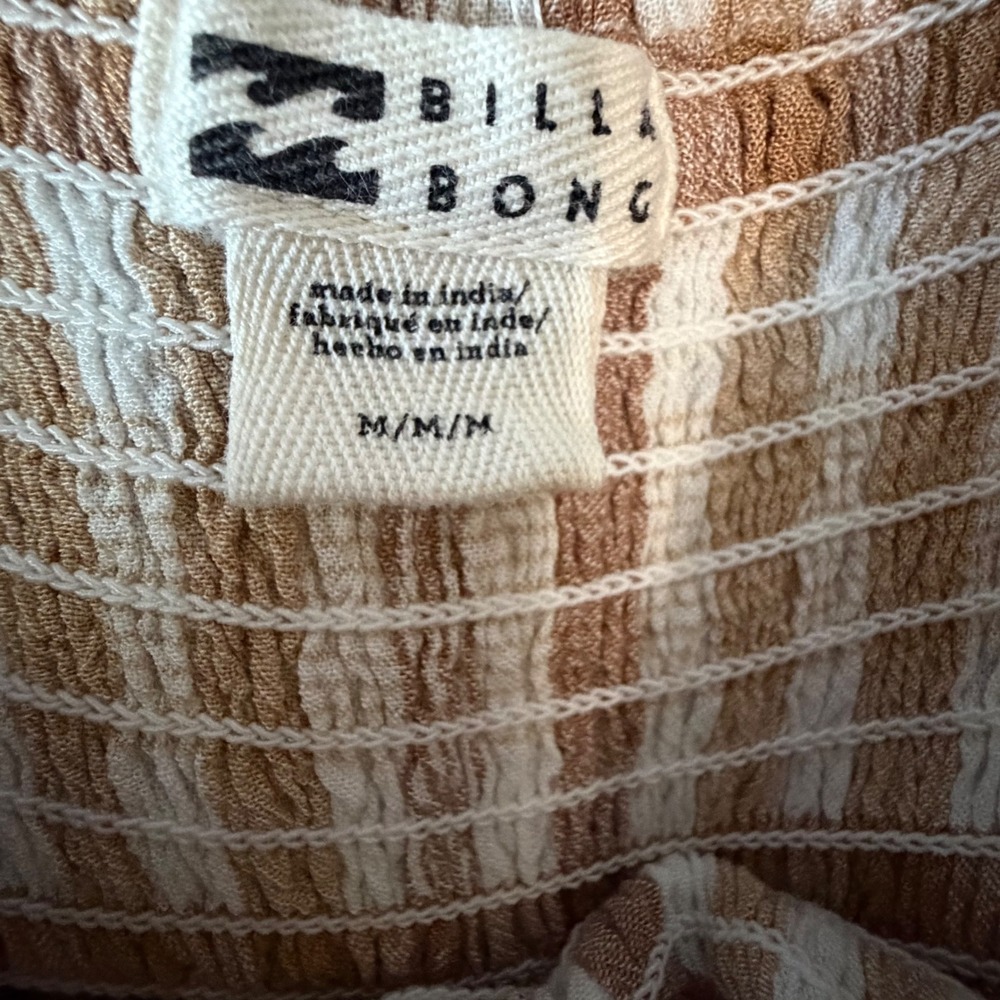 Billabong Mini Dress Medium Tan Gingham Smocked Puff Sleeve - Picture 3 of 5